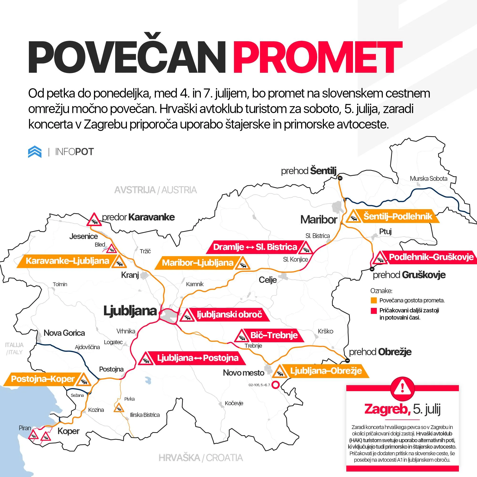 Zemljevid avtocest v Sloveniji z označeno povečano gostoto prometa in pričakovanimi daljšimi zastoji in potovalnimi časi.