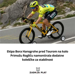 Z umetno inteligenco ustvarjena slika kolesarja, ki je podoben Primožu Rogliču, na kolesu s tremi pomožnimi koleščki.