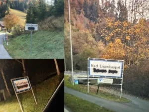 Počrnjena imena krajev Železna Kapla in Koprivno. Foto: NSKS