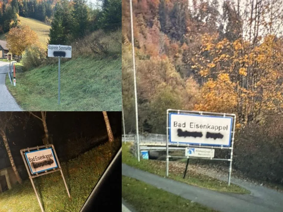Počrnjena imena krajev Železna Kapla in Koprivno. Foto: NSKS